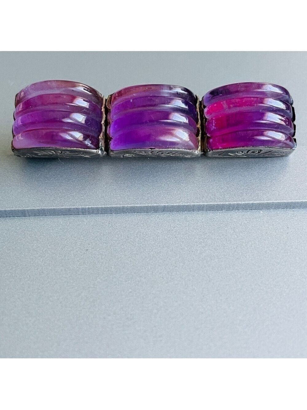🎉Sold🎉 Antique Chinese Carved Amethyst Sterling Ribbed Rectangle Pin Brooch - Picture 8 of 13